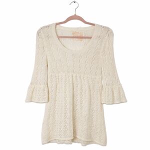 Love Rocks Cream Lace Knit Bell Sleeve Babydoll Tunic Boho Top Juniors L